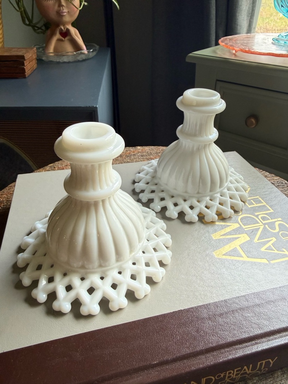 Pair - Westmoreland milk glass candlestick holders - Lattice Edge pattern. VTG